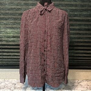 Kate Spade Women’s Silk LS Maroon Print Button Front‎ Tie Neck Blouse Large NWT